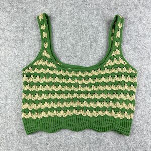 ASTR The Label Crochet Top Womens Small Green Tan Knit Cropped Tank Scallop Boho